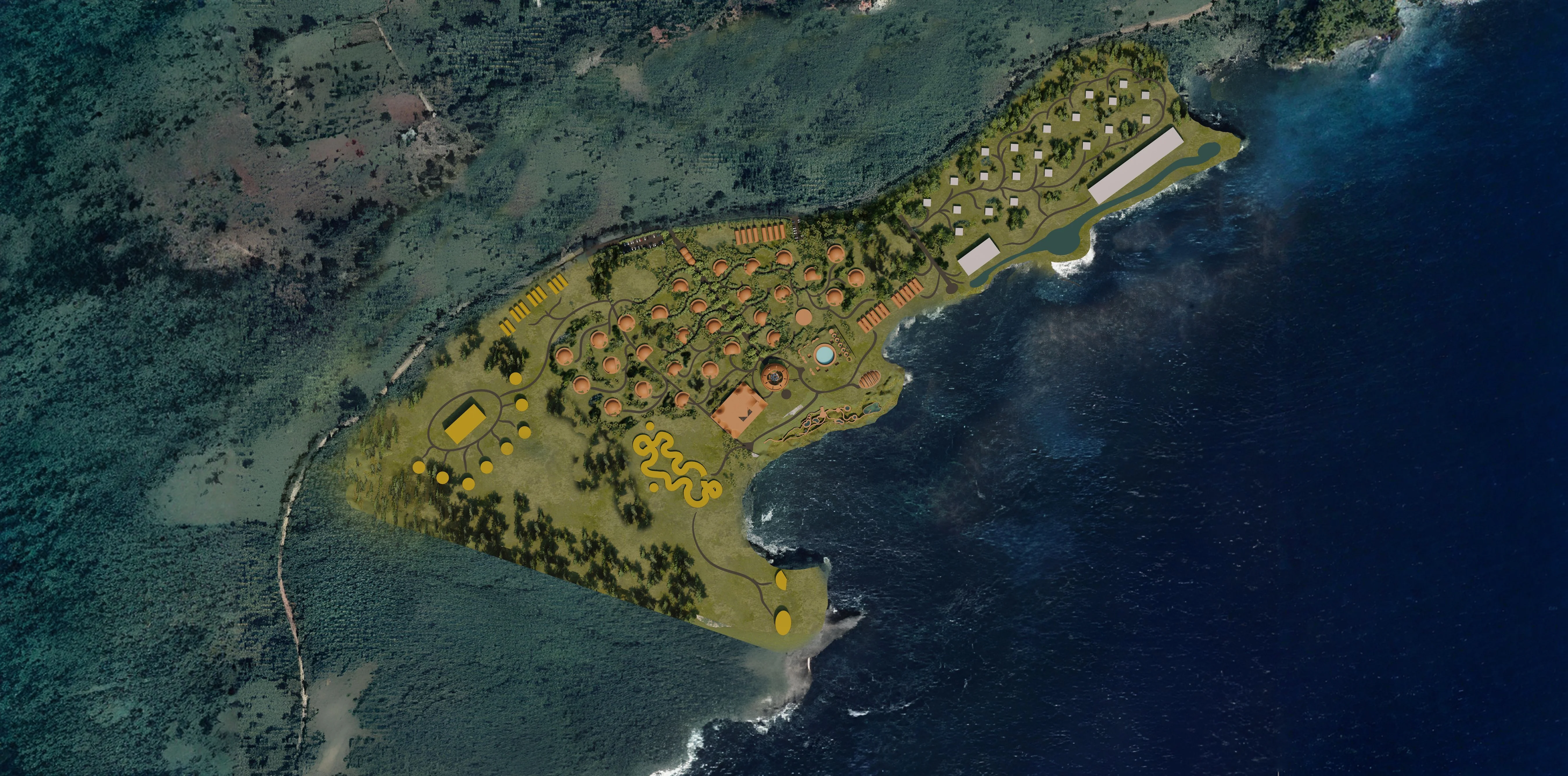 The Taína site plan: KUA on the point, RAKAN to the north, MAINA and the farm inland